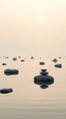 Minimalist zen stones floating on calm water with soft reflections and muted natural colors. Clean composition that evokes peace and stillness, Created with generated AI.