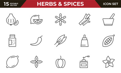 Herbs and Spices outline icon set. Fresh Produce, Dairy, Snacks, Meats, Condiments, Beverages, Baby Food, Household Items – Vector Icons for E-commerce, Food Delivery and Grocery Apps.