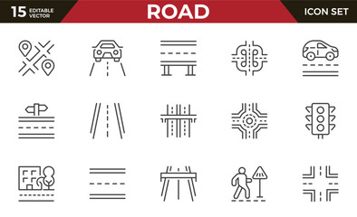 Road outline icon set. Road sign, fence, highway, highway and car traffic.Series in linear style. Outline icon collection