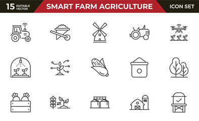 Smart farm agriculture line icon set. Farming, gardening, agriculture, digital, ideas, food, animals, seeding, plants, and harvesting icon collection. outline icon set