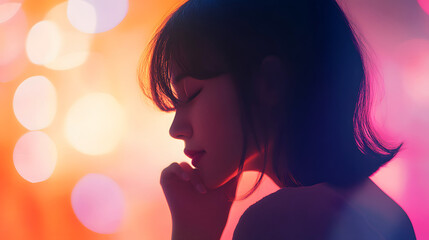 Serene Contemplation: Silhouette of a young person in deep reflection, illuminated by a soft, vibrant glow, embodying moments of peace and introspection.