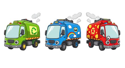 Three Cute Cartoon Garbage Trucks Recycling Waste