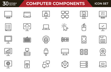 Computer components line icon set. Containing online, computer, network, website, server, web design, hardware, software and programming.