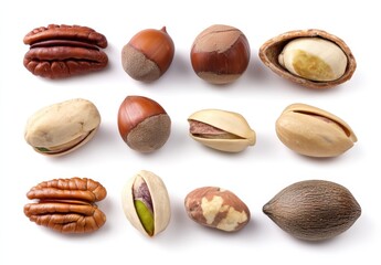 Assorted nuts displayed on a white background showcasing variety and texture.