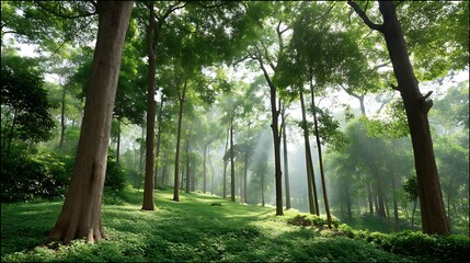 Serene Forest Landscape with Sunlight Filtering Through Lush Green Trees and Underbrush in Nature's Tranquility
