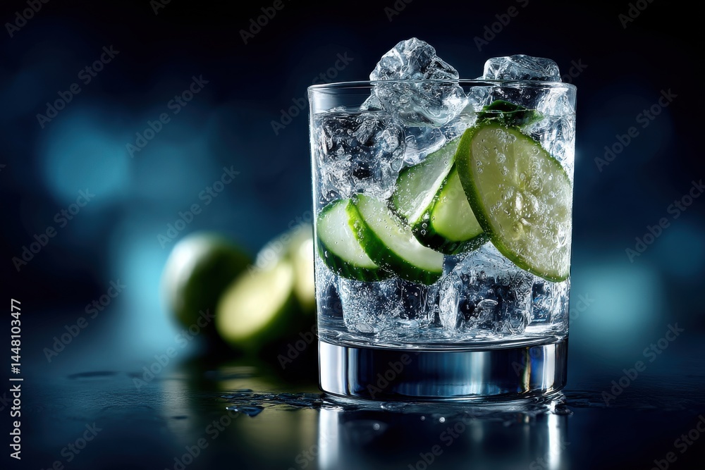 Poster a refreshing glass of water filled with ice and cucumber slices, creating a visually appealing and h