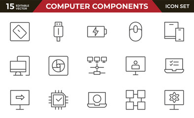 Computer components line icon set. Containing online, computer, network, website, server, web design, hardware, software and programming.