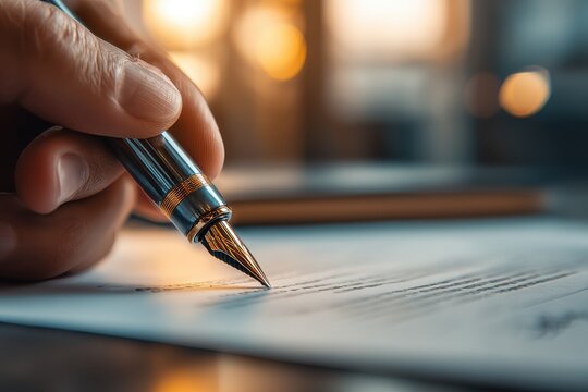 Close up of a person's hand signing a document with an elegant fountain pen, capturing the moment of legal commitment and business transaction, financial agreements.