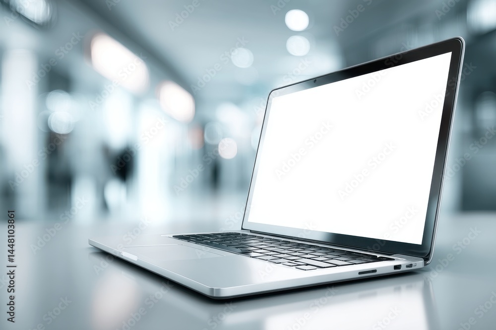 Aufkleber laptop computer with blank white screen is on desk in modern office, creating a clean workspace for 