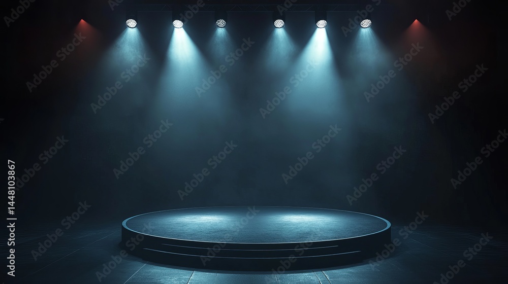 Poster dark stage with circular platform illuminated by blue and red spotlights dramatic moody atmosphere p