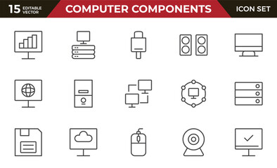 Computer components line icon set. Containing online, computer, network, website, server, web design, hardware, software and programming.