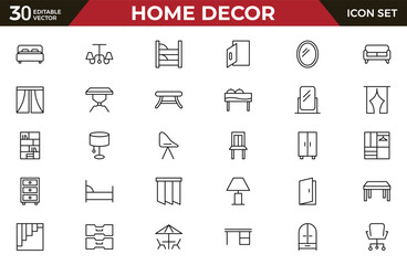 Home Decor line icon set. Kitchen, living room, decoration, bedroom, interior design, dishes, devices, finishing, household, appliances, stylish line icon set