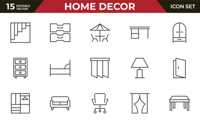 Home Decor line icon set. Kitchen, living room, decoration, bedroom, interior design, dishes, devices, finishing, household, appliances, stylish line icon set
