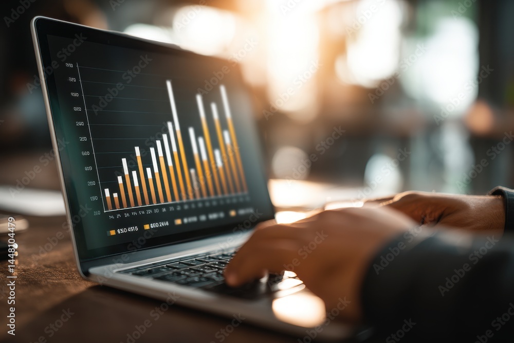 Poster close-up of a person analyzing bar graph data on a laptop screen, keyboard and hands visible, focusi