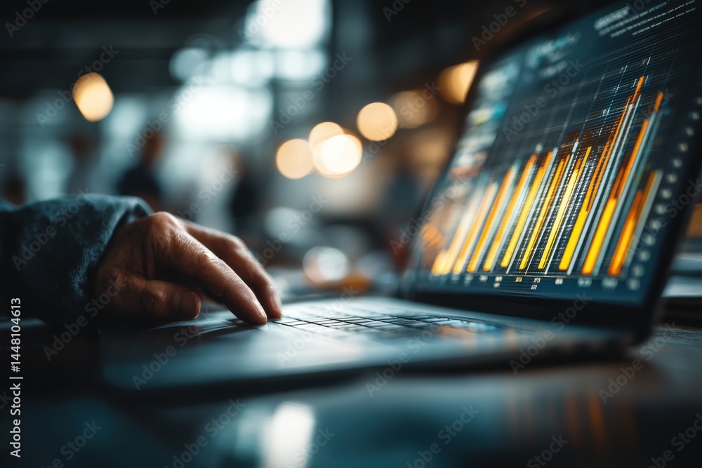 Poster close-up of hands typing on a laptop displaying financial data and charts, with blurred lights in th