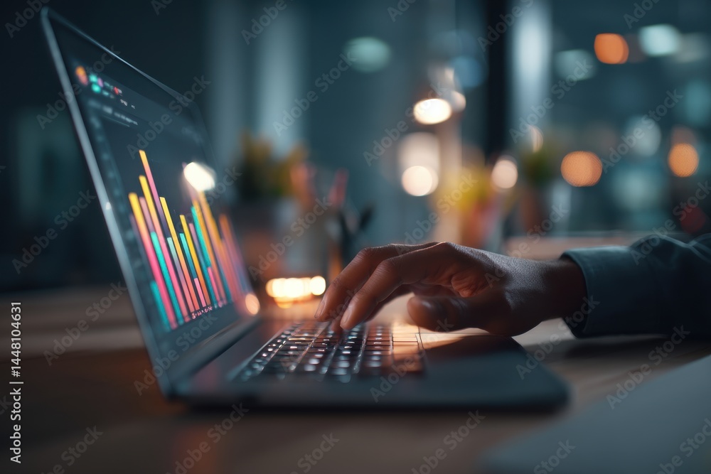 Poster analyzing data on a laptop with colorful charts and graphs in a modern office, focusing on the hands
