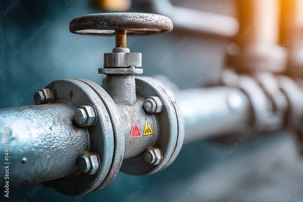 Poster close-up of an industrial pipeline with a rusty valve and safety warnings, showcasing its weathered 