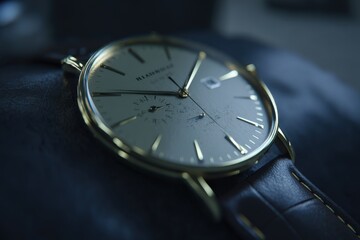 A sophisticated gold wristwatch on a dark leather surface, showcasing minimalist design and elegant details, highlighting the precision of the analog clock.