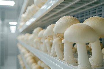 Rows of cultivated mushrooms on shelves, showcasing a controlled environment, ideal for food production and scientific research. Fresh fungi.