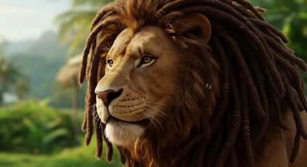 Lion with Dreadlocks in Tropical Scene