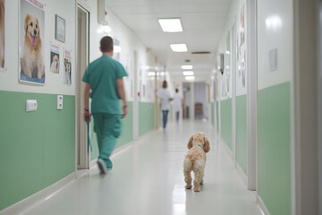 Dog in Clinic Hallway: A small dog walks down a hospital corridor, followed by a staff member, in a clean and bright veterinary clinic or animal hospital.