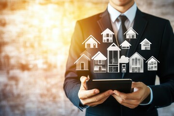 Business professional using a tablet to visualize real estate properties with icons