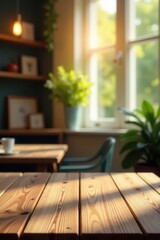 Clean empty wooden table, soft bokeh background , top, presentation