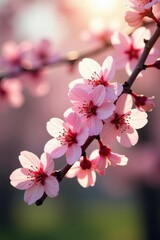 Obraz premium Close-up of blooming cherry branches, soft pink petals, sunlit bokeh , springtime, twigs