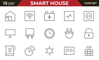 Smart house Line icon set. Sustainable development. Contains such icons as renewable energy, autonomous building, air and water quality.