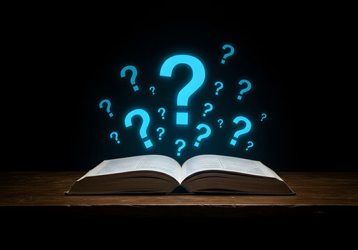 Open Book with Glowing Question Marks Knowledge, Uncertainty, Learning, Education Concept.