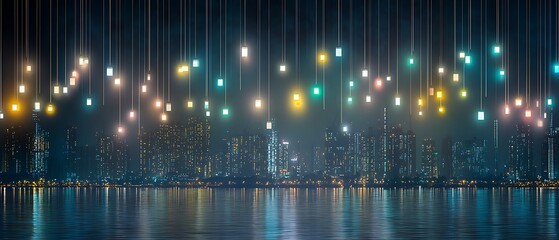 Night cityscape with lights falling over buildings, reflected on dark water surface