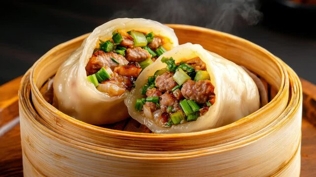 Steamed dumpling with meat filling and green vegetable served bamboo basket Asian food dumpling
