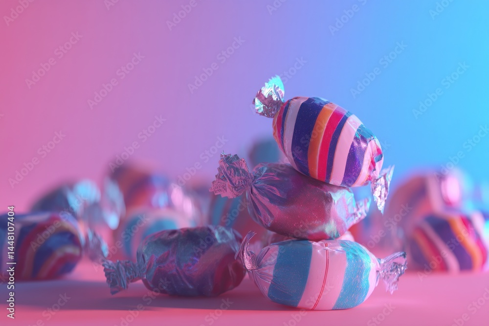 Poster a colorful stack of wrapped candies with vibrant stripes, beautifully illuminated with a gradient pi