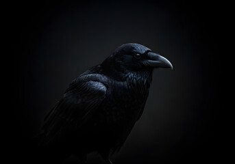 Majestic Raven Portrait Dark Bird with Sharp Beak, Shadowy, Wildlife Photography.