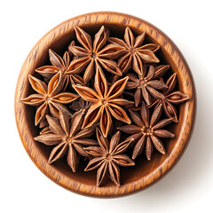 Dried Star Anise Spice in Wooden Bowl Top View