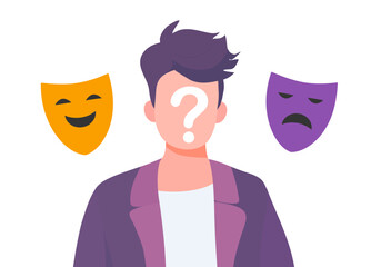Businessman holding masks different happy and sad imposter syndrome Bipolar disorder fake faces and emotions. psychology false behavior or deceiver.vector