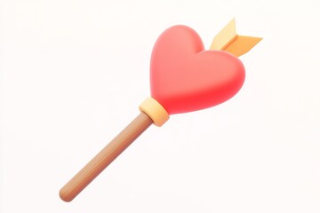  3D cartoon arrow through Cupid in cherry red with wooden shaft, ultra high definition with detailed design elements and isometric view.