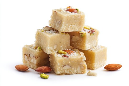Indian dessert Badam Barfi also called Mithai is a popular sweet made from coconut mawa milk and sugar isolated on a white background