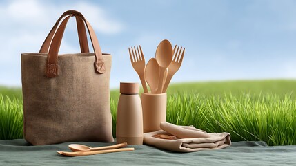 Eco-Friendly Picnic Setup with Utensils, Bag, Bottle, and Napkin Surrounded by Green Grass in Nature