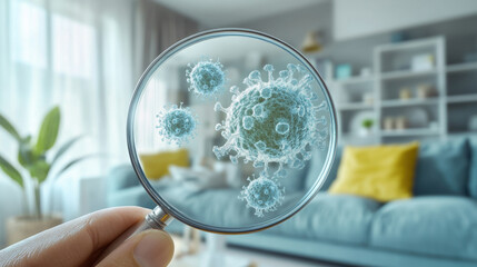 living room in a clean house. Use a magnifying glass to see the particles of mold, odor and viruses in the air.