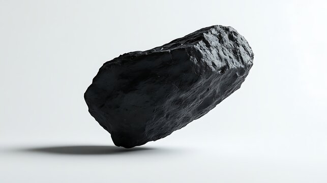 Isolated rare stone levitating in space with volcanic meteorite textures and deep black hues on white