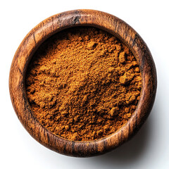 Ground Cinnamon Spice in a Wooden Bowl Isolated on White