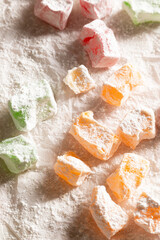 Traditional Turkish sweets, different types of lokum on kitchen paper
