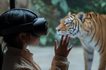 Girl explores wildlife in virtual reality, observing a tiger in a virtual habitat. Futuristic learning experience and immersive animal encounter.