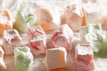 Traditional Turkish sweets, different types of lokum on kitchen paper
