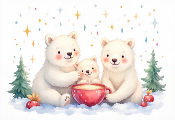 Cute polar bears celebrating Christmas with a warm drink in snow, watercolor christmas card  