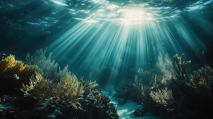 Fototapeta premium Underwater coral reef illuminated by sunlight beams through water surface.
