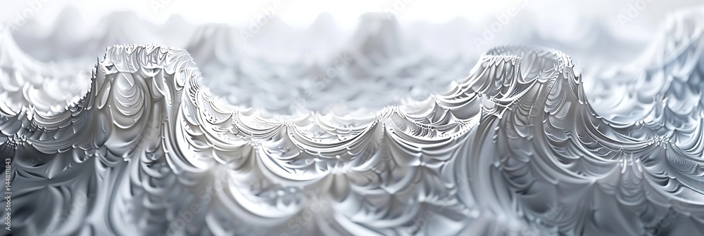 Poster macro detail of an abstract white undulating surface with intricate, sculpted wave-like formations. 
