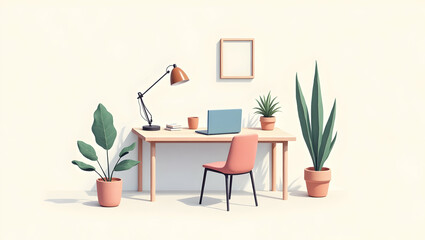 Isometric Minimalist Home Office with Laptop and Plants in Pastel Colors