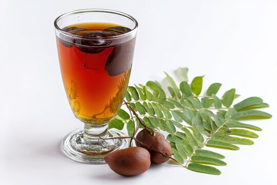 Isolated glass of tamarind juice with leaves on a white background